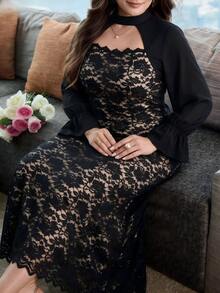 Modelyn Women's Plus Size Black Lace Patchwork Hollow Out Dress - Black - View 5