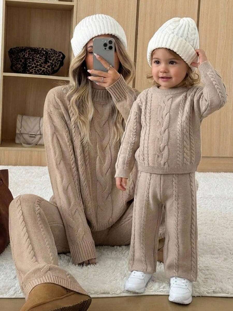 SHEIN 2pcs Baby Girl Elegant Cable Knit Pullover Long Sleeve Autumn Top And Solid Color Cable Knit Wide Leg Pants Set - Camel - View 1