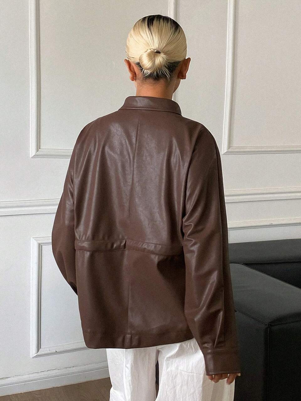 Women's Solid Color PU Leather Long Sleeve Pocket Design Regular Jacket Fall