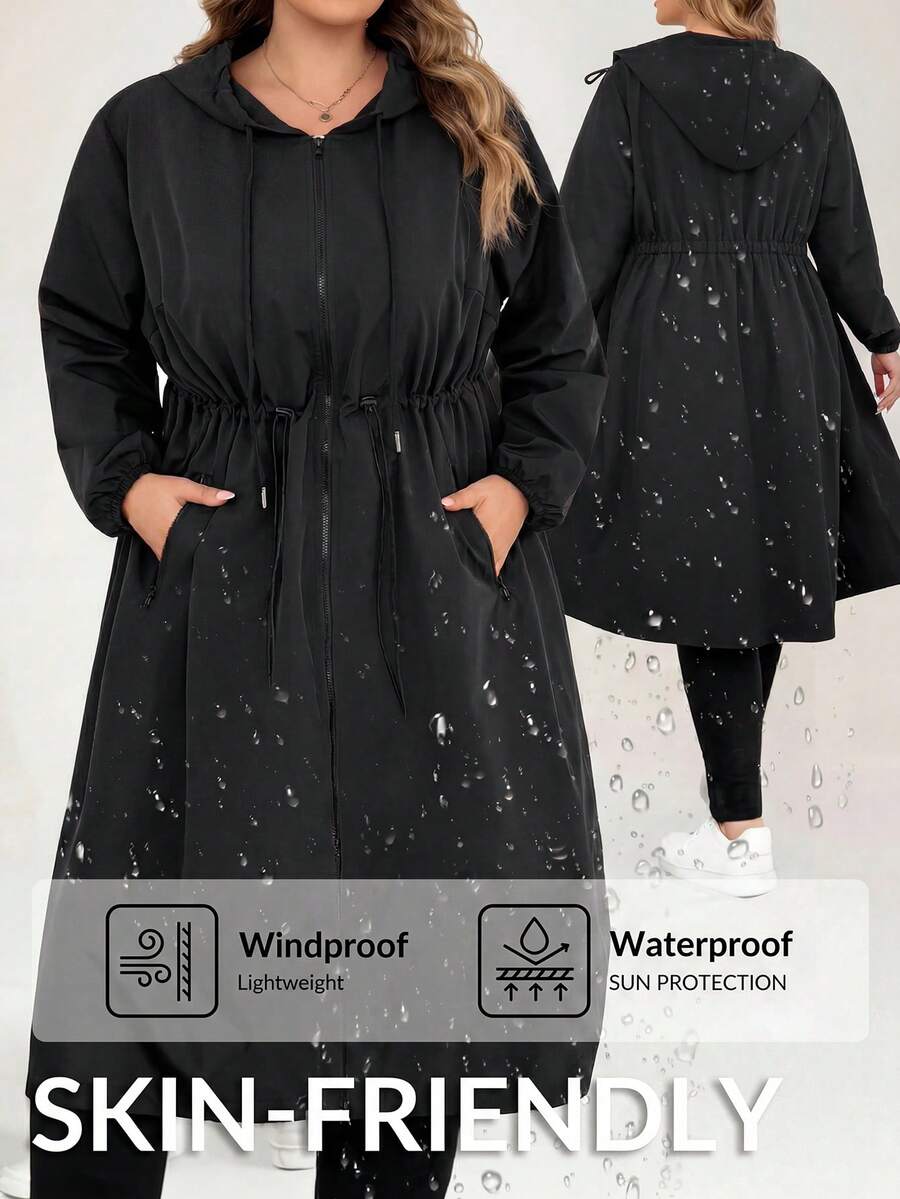 SHEIN CURVE+ Zipper Hooded Cinched Waist Plus Size Long Sleeve Jacket, Autumn Winter Outerwear, 2026 22W Hiking Rodeo Normal - Black - View 1