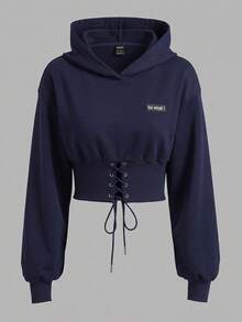 SHEIN EZwear 白色針織女款運動衫，秋冬長袖上衣，海軍藍女款運動衫 - 藏蓝色 - 查看 1