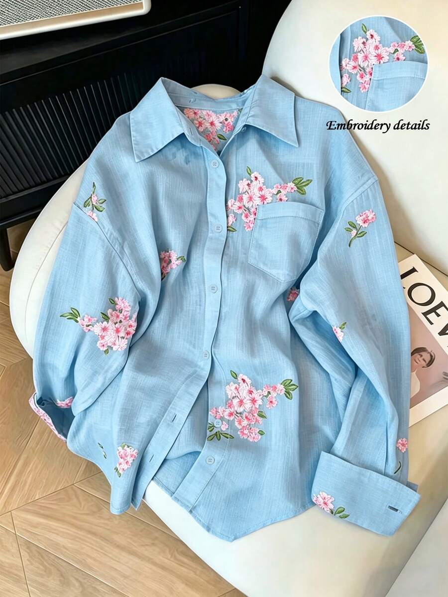 INAWLY 女款時尚休閒極簡浪漫度假風刺繡花卉長袖鈕扣襯衫 秋季 - 藍色 - 查看 1