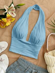 Soleia Women's Textured Halter Neck Tank Top For Beach Vacation - Blue - View 5