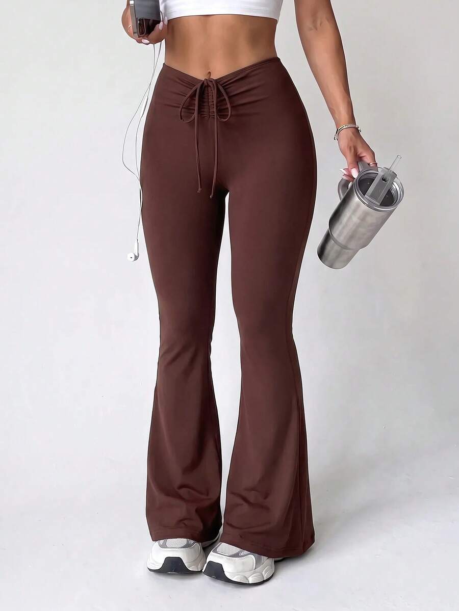 Dewbera Dewbera Women's Dark Brown Drawstring Ruched Flare Leggings For Dating And Travel - Multicolor - View 1