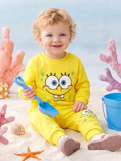 SpongeBob SquarePants | SHEIN 2 pièces Ensemble décontracté mignon de dessin animé pour bébé garçon, sweat-shirt à col rond à manches longues avec imprimé portrait et pantalon de jogging assorti, Convient pour les sorties, les courses, le port quotidien, le printemps et l'automne