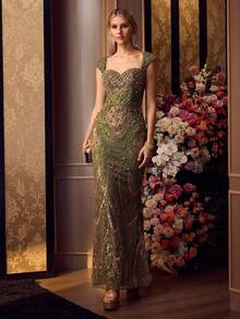 MOTF Soiréza SEQUIN BEADED EAMBROIDERY MERMAID HEM PROM DRESS - Olive Green - View 6