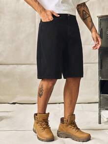 Norleigh Men's Casual Oblique Pocket Solid Black Denim Bermuda Shorts Jorts Cargo Pants - Black - View 7