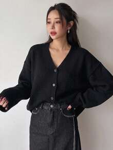 DAZY Women's Solid Color V-Neck Casual Versatile Daily Wear Long Sleeve Sweater - Black - View 5