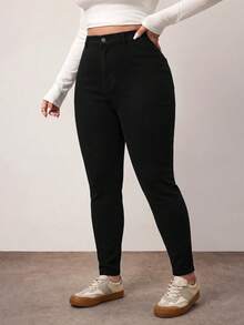 SHEIN CURVE+ 大尺碼休閒寬鬆修身牛仔褲 素色百搭 正式時尚週穿搭 黑色 冬季秋季 早午餐 外出度假造型 - 黑色 - 查看 6