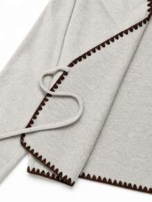 Solavon Women's Vintage Shell Embroidery Contrast Color Tie-Up Long Sleeve Overcoat - Light Grey - View 7
