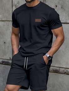 Manfinity Homme 男士皮革拼接裝飾休閒修身T恤套裝 - 藏蓝色 - 查看 1