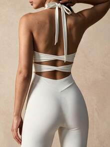 Glamine August Vacation Fitness Jumpsuit, White Halter Tie Back Cut‑Out Contouring Romper For Summer Festival Parties & Daily Sports - White - View 2