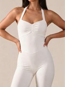Glamine August Vacation Fitness Jumpsuit, White Halter Tie Back Cut‑Out Contouring Romper For Summer Festival Parties & Daily Sports - White - View 5