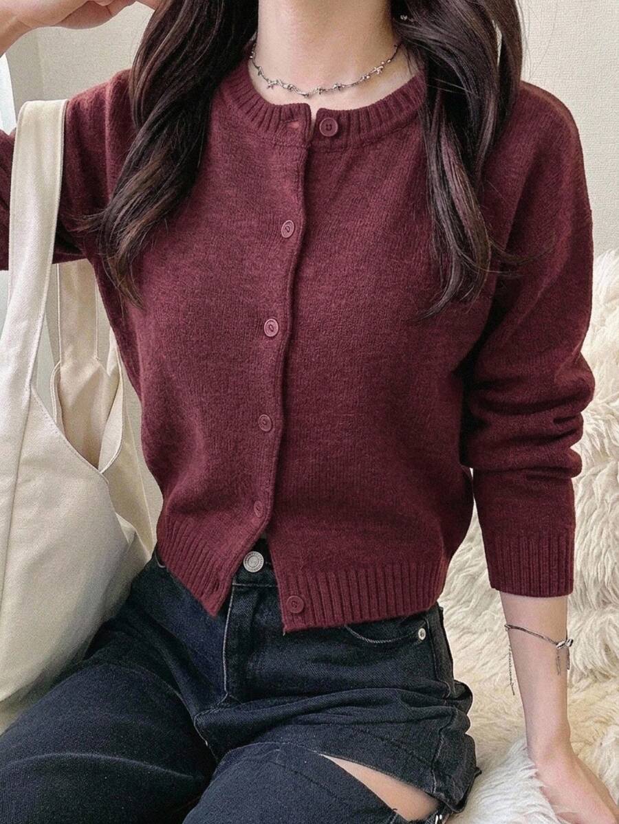 DAZY Cárdigan de punto de lana rojo minimalista de unicolor para mujeres - Burdeos - Ver 1