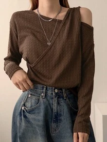 DAZY 女款不對稱設計露肩粗針編織休閒毛衣 秋季 - 棕色 - 查看 5