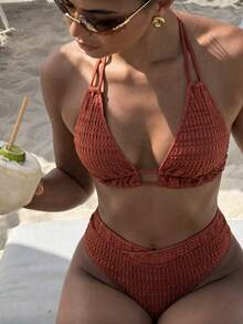 Swim Basics Set Pakaian Renang Bikini Seksi Wanita Musim Panas Warna Polos dengan Tali Leher untuk Pantai - Rust Brown - View 1