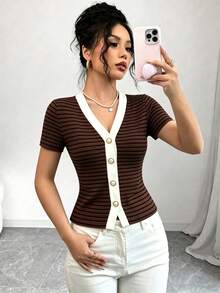 Selianne 新款V領羅紋針織短袖假門襟設計優雅修身日常百搭年輕女性T恤 - 棕色 - 查看 3