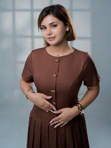 SARA VAULT Solid Button Front Pleated Hem Dress Button Dress Coffee Brown Dress Elegant Summer - Rust Brown - View 4