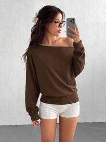 SHEIN EZwear 女款休閒純色不對稱領運動衫 - 棕色 - 查看 3