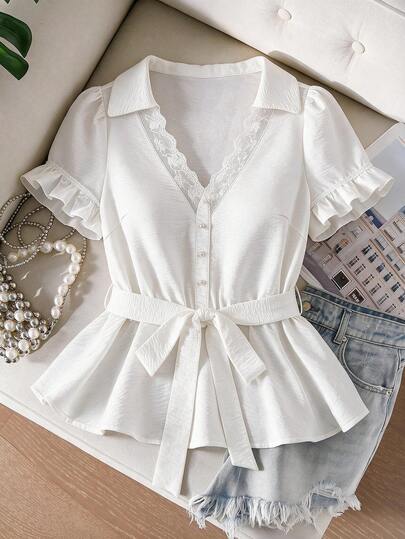 GlowEve CURVE Plus Size Women's Spring/Summer French Style All White Lace Patchwork Blouse, Turn-Down Collar, Puff Sleeves, Waist Tie, Elegant Top Party