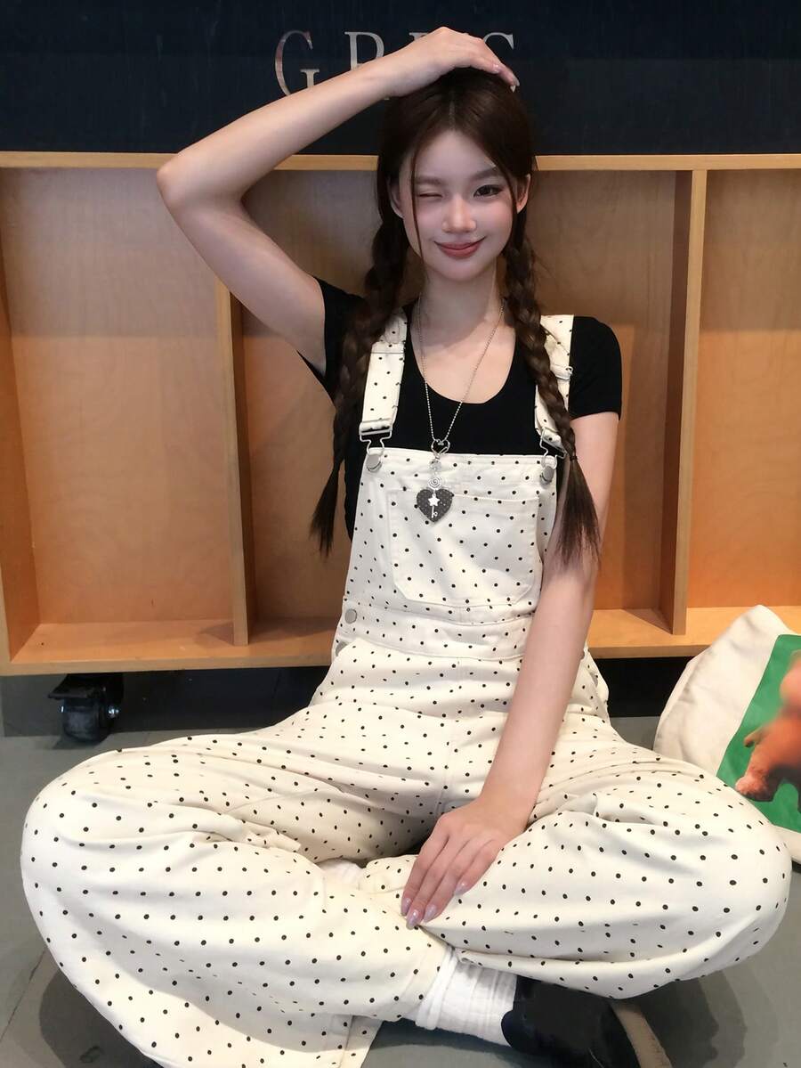 Women's Casual Polka Dot Denim Overalls And Jumpsuits Cute Tops Vacation - Apricot - View 1