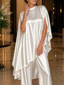 SHEIN LUNE Plus Size Women's Cape Top And Long Pants Elegant Casual 2 Pieces Set - Beige - View 6