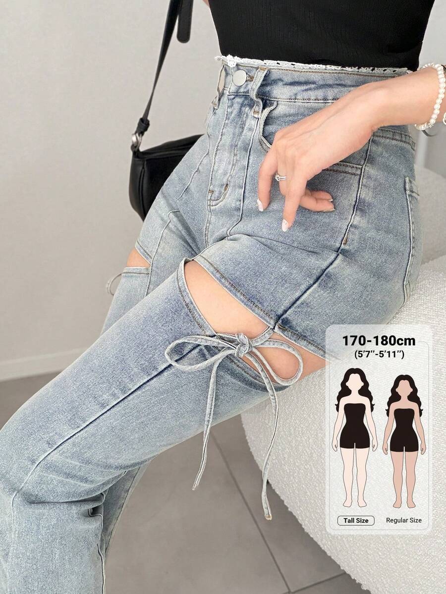 Dazy Tall Women's Hollow Decor Slim Fit Elegant Long Jeans - Light Wash - View 1