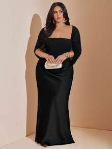 SHEIN BAE CURVE Plus Size Women's Black Mesh Patchwork Satin Long Mermaid Hem Dress, Elegant Long Dress Wedding Formal Dinner Cocktail Summer - Black - View 4