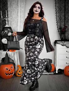 SHEIN EZwear Plus Size Skull & Floral Print Mermaid Dress With Asymmetrical Shoulder Sheer Top 2 Pieces Set Fall - Black and White - View 3