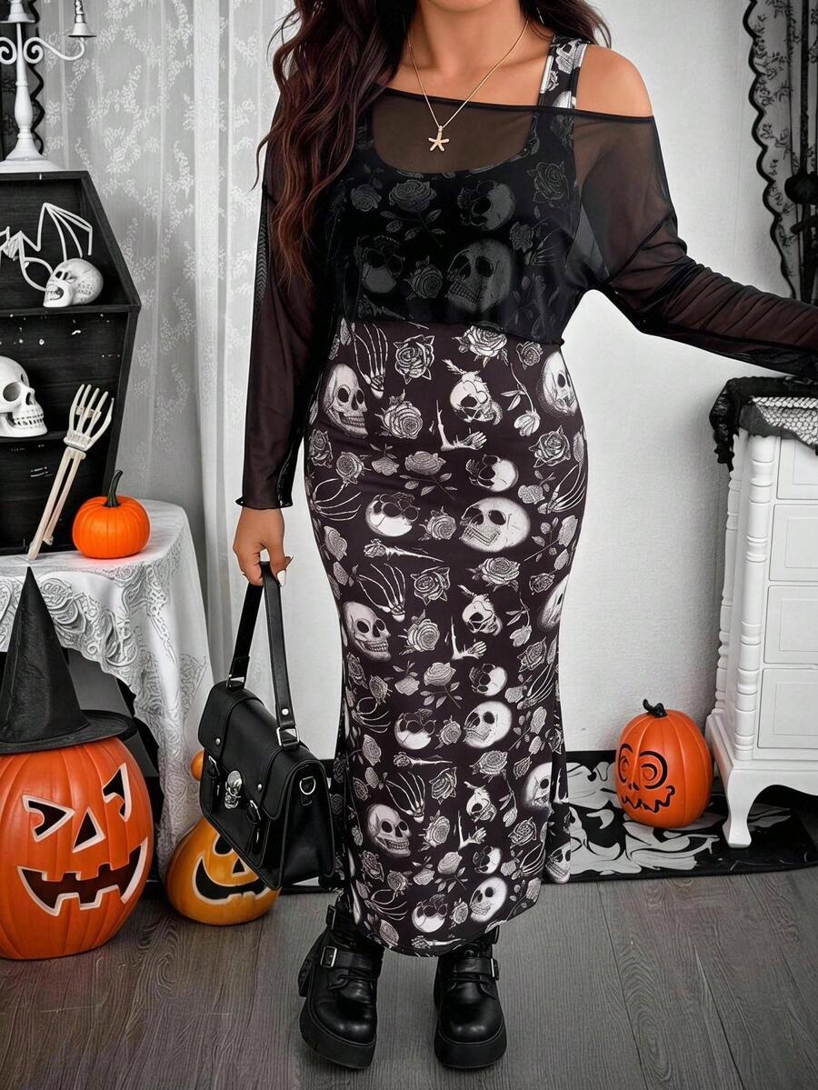 SHEIN EZwear Plus Size Skull & Floral Print Mermaid Dress With Asymmetrical Shoulder Sheer Top 2 Pieces Set Fall