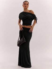 SHEIN BAE Women's Solid Color Asymmetric Neck Drawstring Design Top And Mermaid Skirt Fashion Two Pieces Set - Black - View 3
