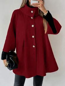 SHEIN LUNE Women's Solid Color Single-Breasted Raglan Sleeve Pleated Elegant Overcoat, Autumn/Winter - Burgundy - View 1
