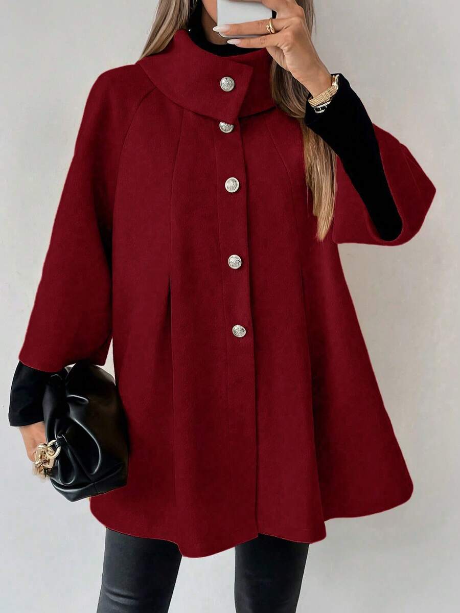 SHEIN LUNE Women's Solid Color Single-Breasted Raglan Sleeve Pleated Elegant Overcoat, Autumn/Winter - Burgundy - View 1
