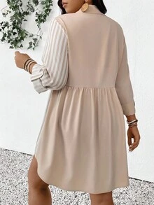 SHEIN Frenchy 大码夏季休闲度假条纹拼布女式衬衫连衣裙 - 卡其色 - 查看 2