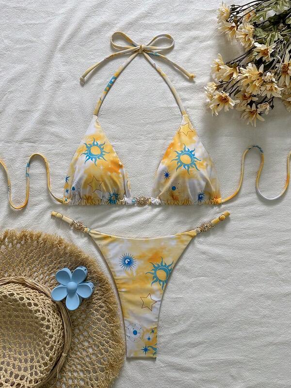 Livesso Women's Star Print Metal Sun Decor Halter Tie Tank Top And Triangle Bikini Bottom Bikini Set Set