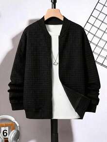 SHEIN Tween Boy Casual College Sports Versatile Black Textured Small Grid Baseball Jacket Coat Suitable For Commuting, School, Daily Casual Outings, Sports, Autumn/Winter - Black - View 2