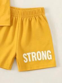 SHEIN RANDOM 3 SETSSEND 1 SET Summer Handsome Youth Sports Style Summer Outing Preferred Minimalist Letter Print Pattern Yellow T-Shirt With Shorts, Minimalist Letter Print Pattern Red T-Shirt With Shorts, Minimalist Letter Print Pattern Grey T-Shirt With Shorts - Multicolor - View 7