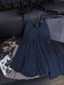 Selianne Women's Solid Color Sheer Chiffon Ruched V-Neck Loose Fit Camisole Top With Backless Design And Lining Elegant French Vintage Navy Blue - Navy Blue - View 1