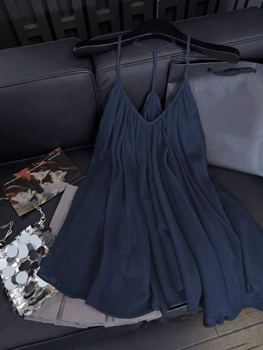 Selianne Women's Solid Color Sheer Chiffon Ruched V-Neck Loose Fit Camisole Top With Backless Design And Lining Elegant French Vintage Navy Blue - Navy Blue - View 1
