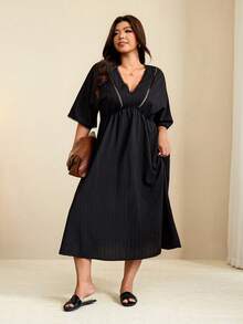 Edennvi Women's Plus Size Solid Color Contrast Lace Batwing Sleeve Elegant Casual Dress, Summer Vacation Formal Black - Black - View 4