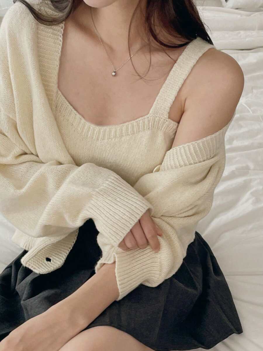 DAZY Setelan 2 Potong Wanita: Atasan Tank Top Pendek Pas Badan Warna Polos dan Kardigan Lengan Panjang Longgar dengan Bukaan Depan, Sweater Kasual untuk Liburan Musim Semi/Gugur - Aprikot - View 1