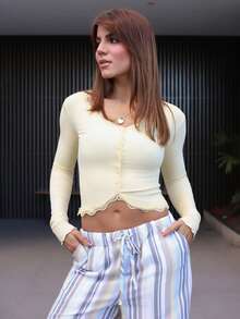 Hariany Almeida Damen Frühling und Sommer Spitze Einsätze V-Ausschnitt Langarm Slim Fit T-Shirt Ausgeh-Oberteile, Herbst Damen Kleidung Lässig - Gelb - Übersicht 6
