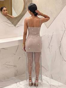 Slaydiva Khaki Black Dress With Shimmering Silver Thread Fabric, Spaghetti Straps, Fitted Silhouette, Fringed Hem - Glamorous Party/Nightclub Gown, Women's Long Dress-A - Khaki - View 3