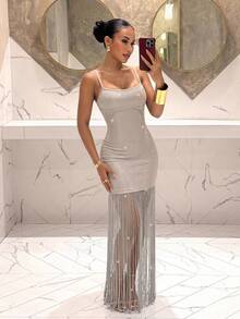 Slaydiva Khaki Black Dress With Shimmering Silver Thread Fabric, Spaghetti Straps, Fitted Silhouette, Fringed Hem - Glamorous Party/Nightclub Gown, Women's Long Dress-A - Khaki - View 10