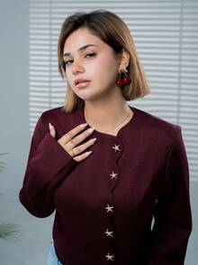 SARA VAULT Women's Fashionable Commuter Elegant Starfish Button Burgundy And Gold Shirt,Autumn, Clothes For Women Dinner - Burgundy - View 8