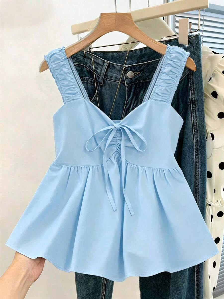 Franclia Women's Solid Color Pleated Casual Versatile Daily Wear Top - Baby Blue - View 1