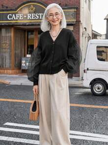 FRIFUL Cardigan Wanita Model Korea Baru untuk Awal Musim Gugur, Motif Patchwork, Bagian Bawah Berbahan Jala Transparan dengan Belahan di Bagian Depan. - Hitam - View 10