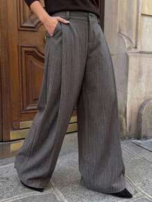 Dazy Plus Plus Size Women's Loose Striped Wide Leg Pants, Business Casual Commuter Style, Spring/Autumn - Grey - View 4