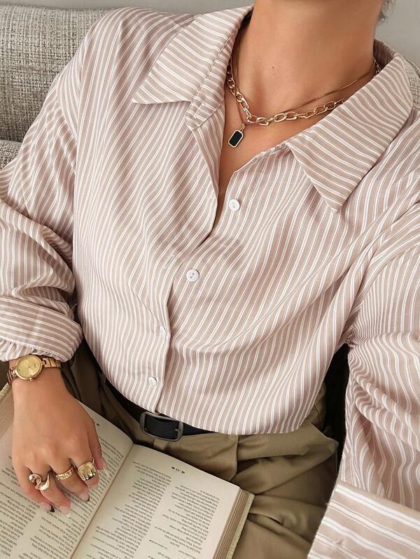 Dazy Plus Striped Loose Long Sleeve Fun Commute Casual Khaki Spring Autumn Shirt
