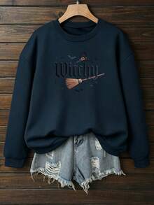 Resyla Women's Autumn/Winter Casual Halloween Letter Embroidery Fleece Sweatshirt - Blue - View 3